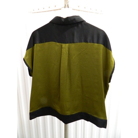 DKNY Womens Olive & Black Colorblock Satin Look Zip-Front Blouse Size L 100%Poly - Picture 3 of 11